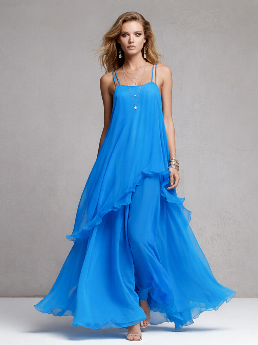 Women's Evening Maxi Dress with Layered Ruffles and Spaghetti Straps