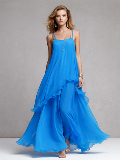 Women's Evening Maxi Dress with Layered Ruffles and Spaghetti Straps