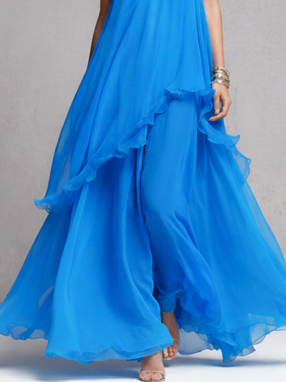 Women's Evening Maxi Dress with Layered Ruffles and Spaghetti Straps