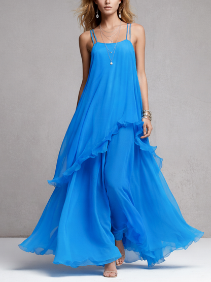 Women's Evening Maxi Dress with Layered Ruffles and Spaghetti Straps - Blue