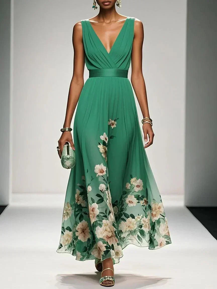 Women's Wedding Guest Maxi Dress with V Neck and Floral Design - Green