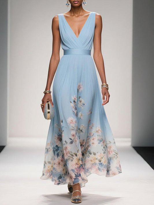 Women's Wedding Guest Maxi Dress with V Neck and Floral Design - Light Blue
