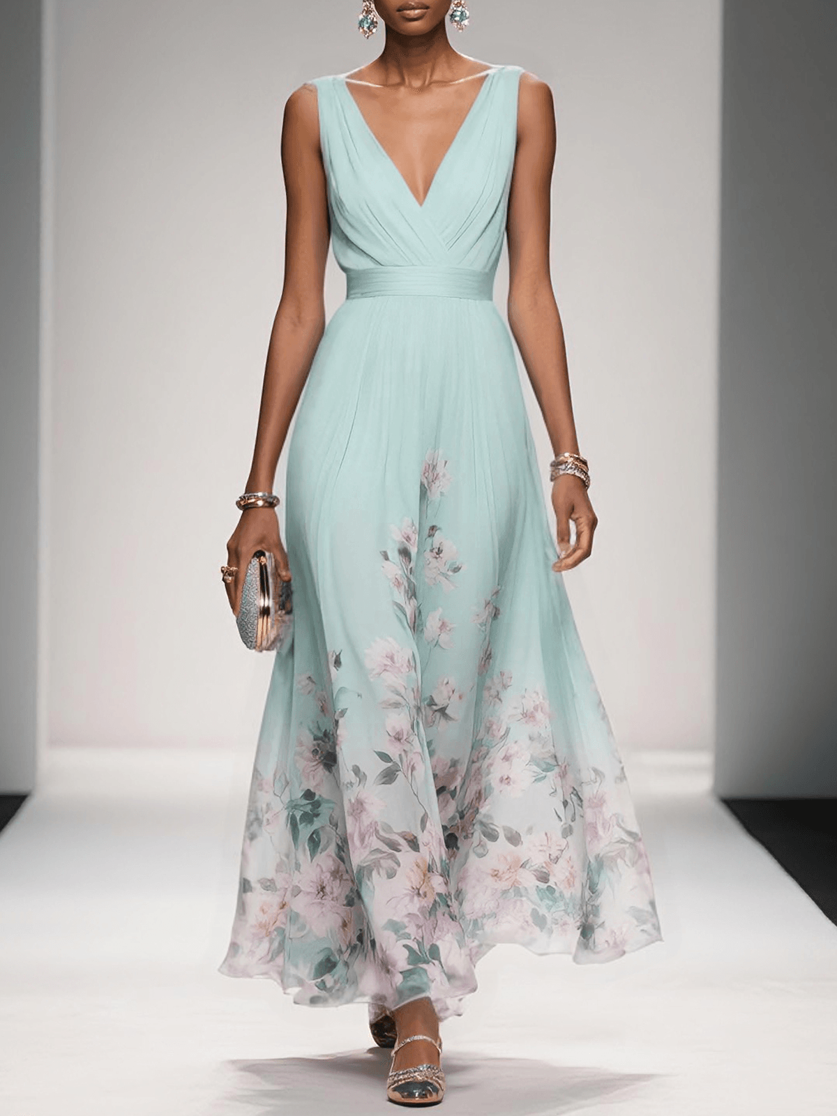 Women's Wedding Guest Maxi Dress with V Neck and Floral Design - Light Green