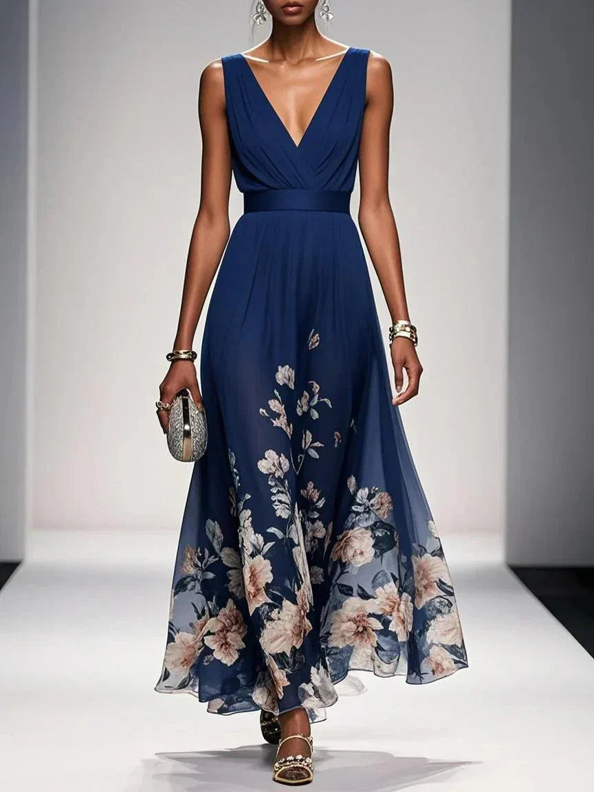 Women's Wedding Guest Maxi Dress with V Neck and Floral Design - Navy