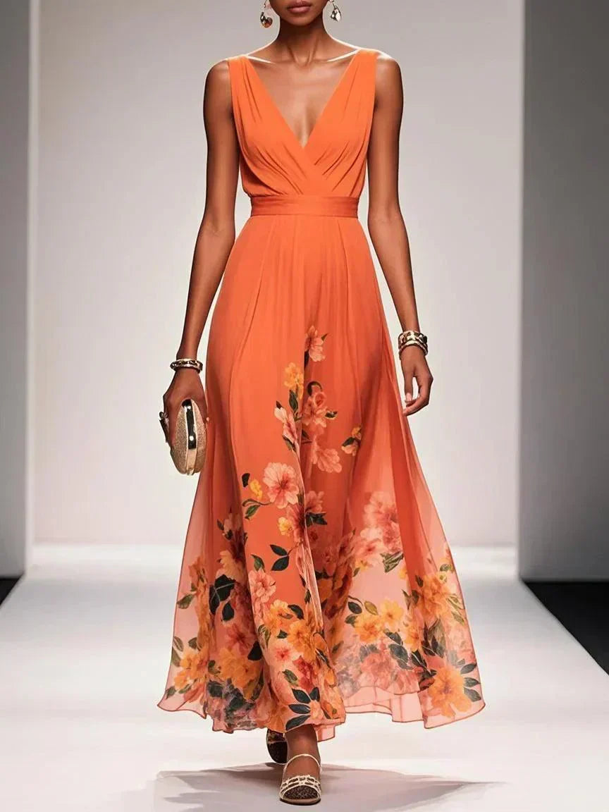 Women's Wedding Guest Maxi Dress with V Neck and Floral Design - Orange