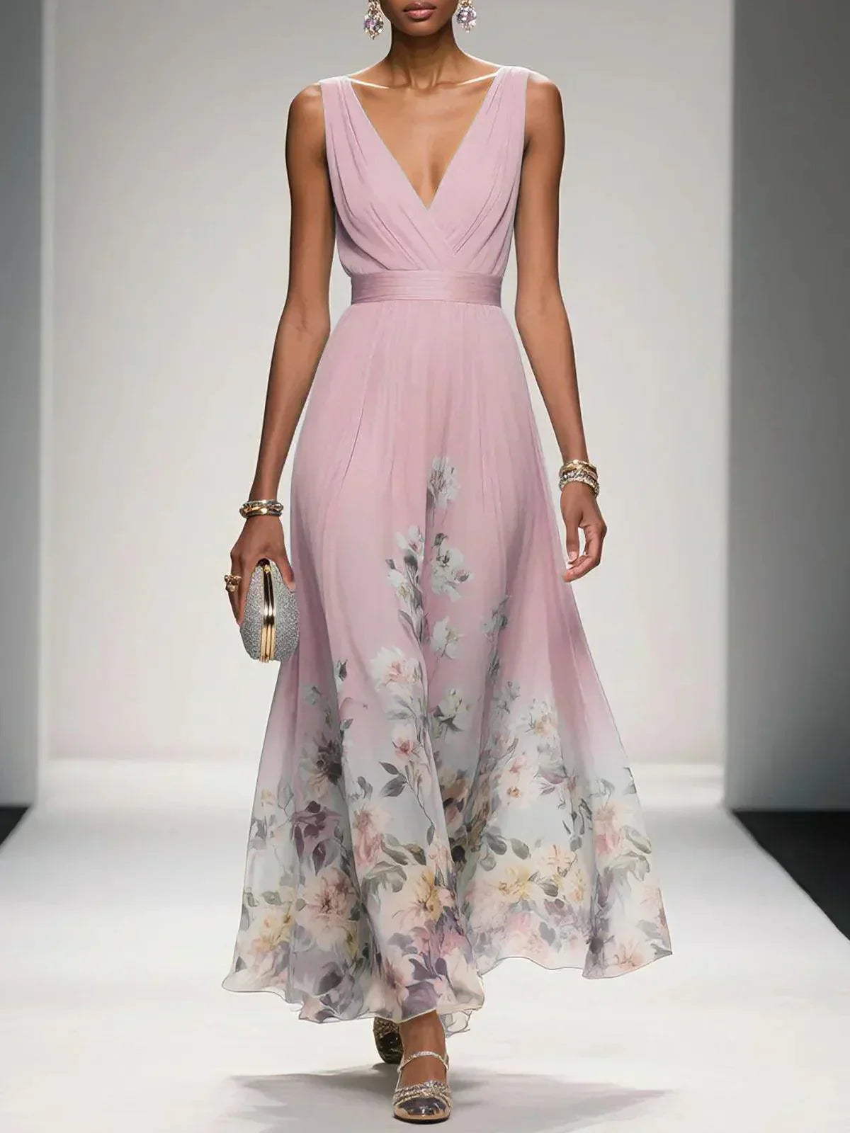 Women's Wedding Guest Maxi Dress with V Neck and Floral Design - Pink