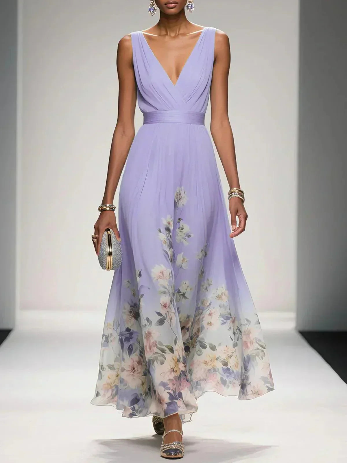 Women's Wedding Guest Maxi Dress with V Neck and Floral Design - Purple