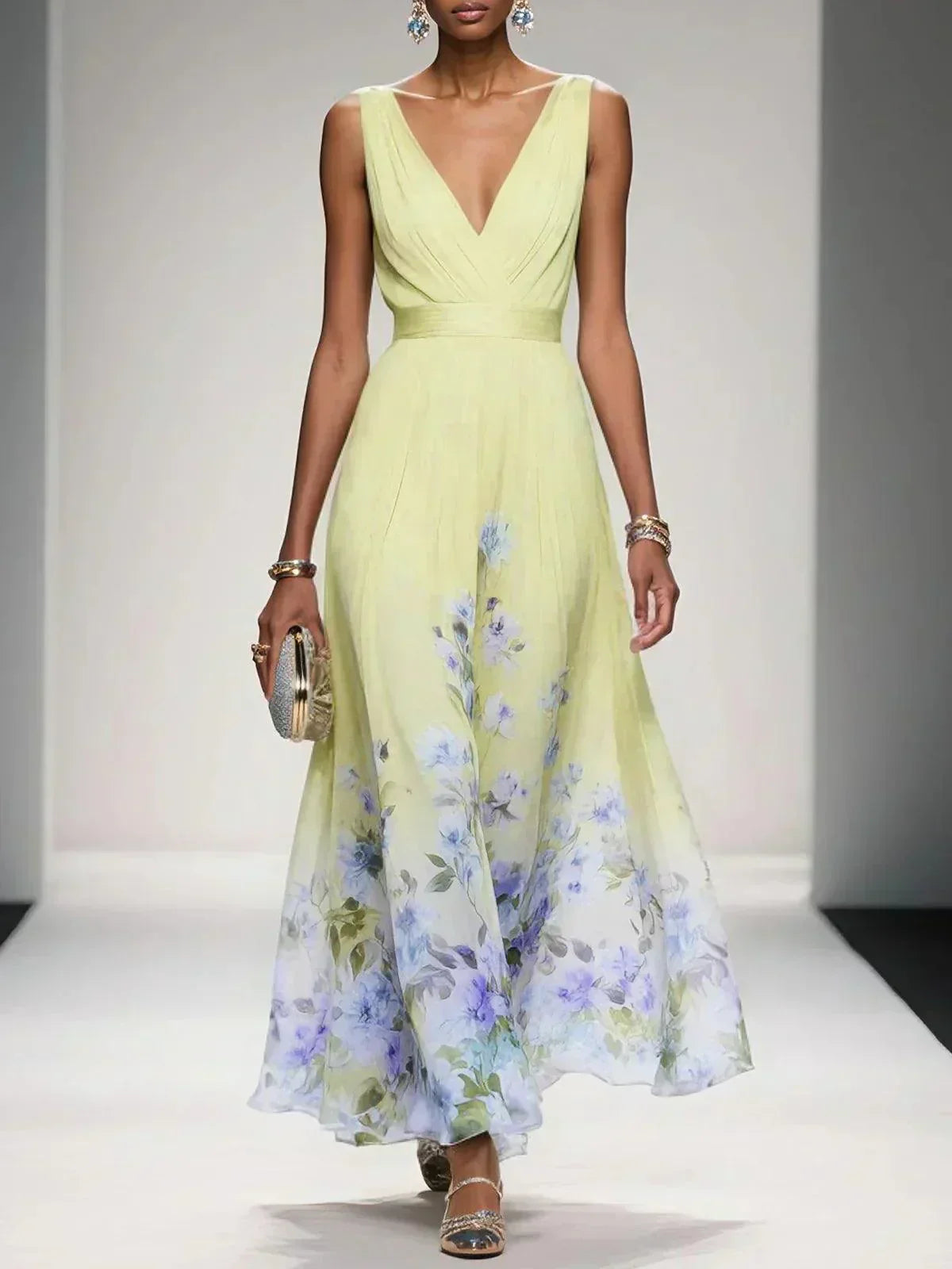 Women's Wedding Guest Maxi Dress with V Neck and Floral Design - Yellow