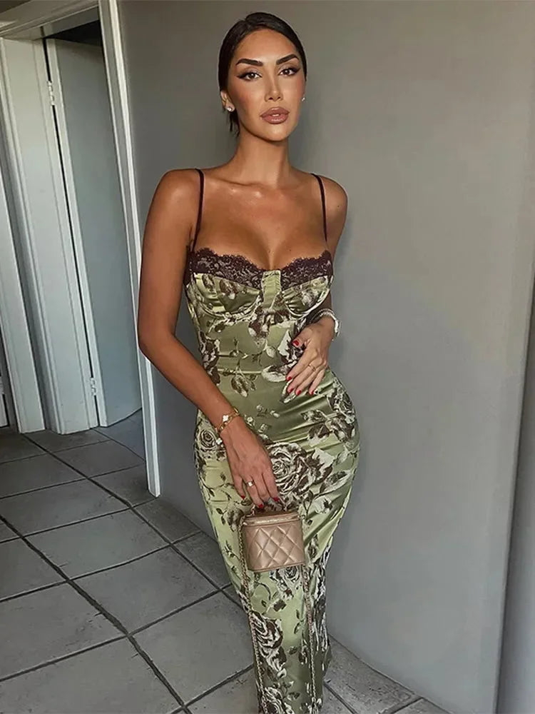 Women's Wedding Guest Midi Dress with Corset Bodice and Floral Design - Green