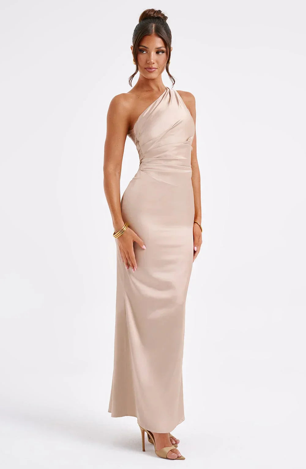 Women's Evening Maxi Dress with Asymmetric Hem - Champagne