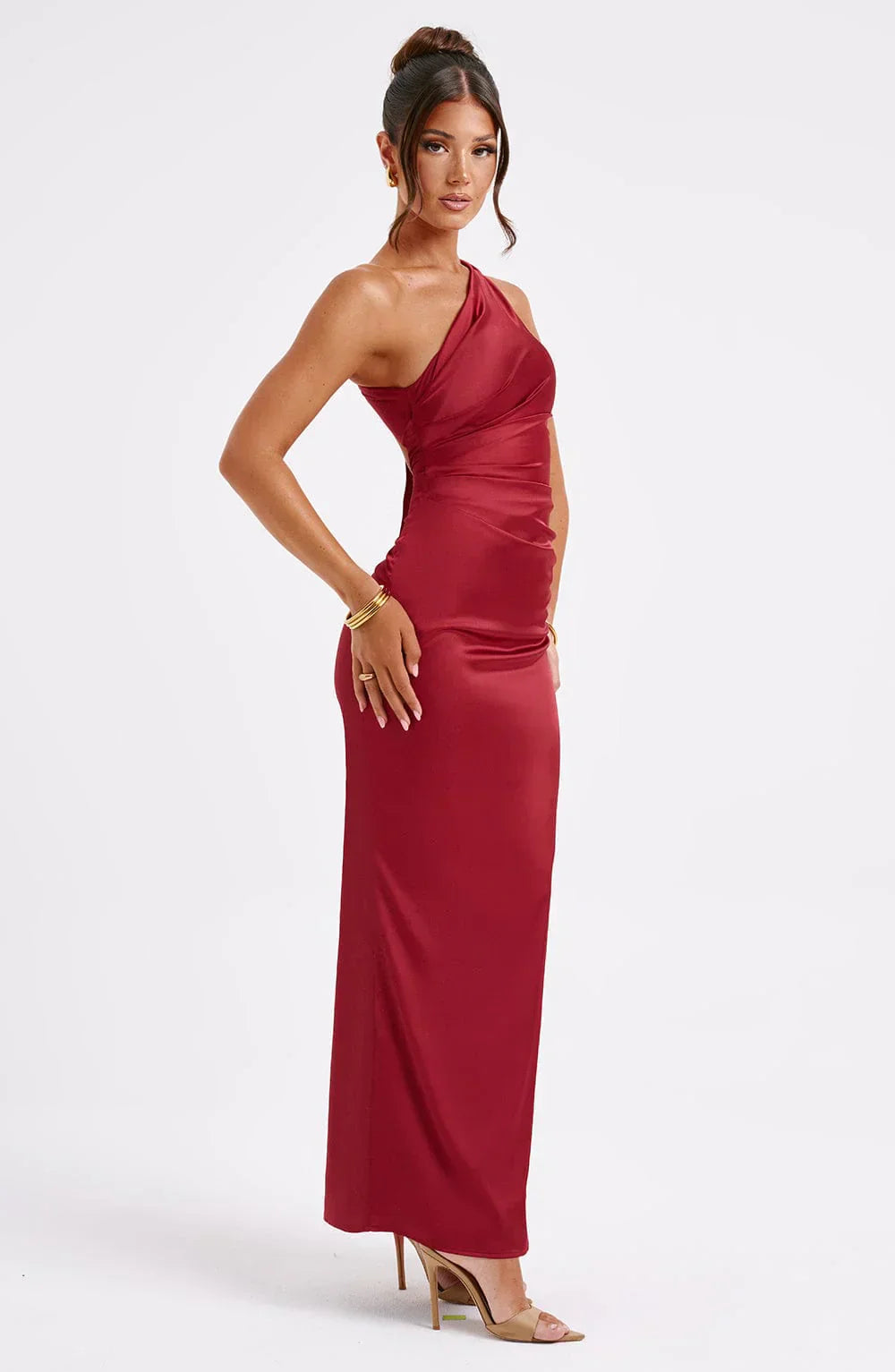 Women's Evening Maxi Dress with Asymmetric Hem - Wine