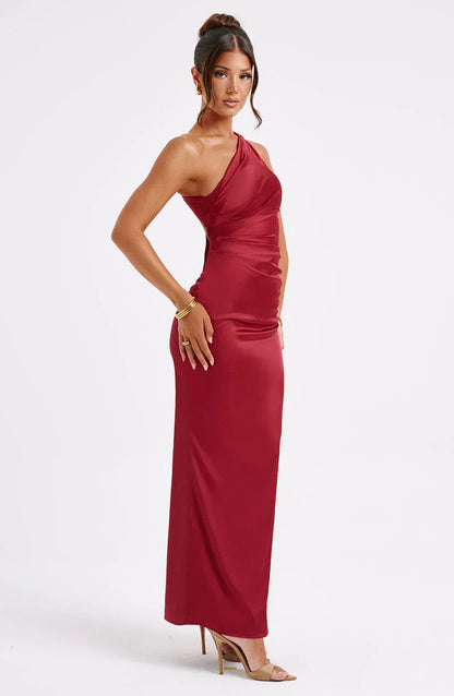 Women's Evening Maxi Dress with Asymmetric Hem - Wine