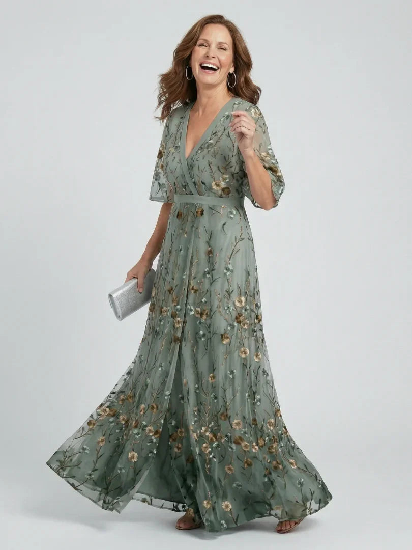 Women's Wedding Guest Maxi Dress with Halter Neck and Floral Design - Sage Green