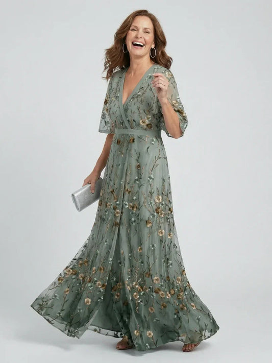 Women's Wedding Guest Maxi Dress with Halter Neck and Floral Design - Sage Green