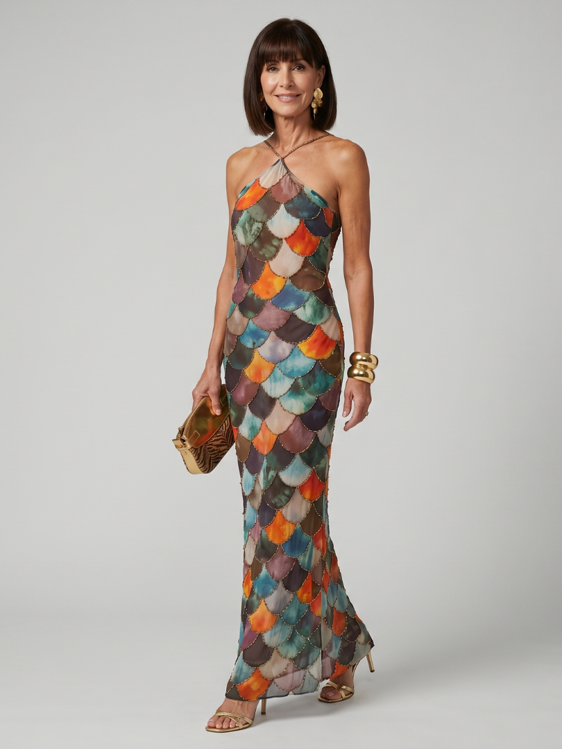 Women's Evening Maxi Dress with Fitted Cut and Eye-Catching Print