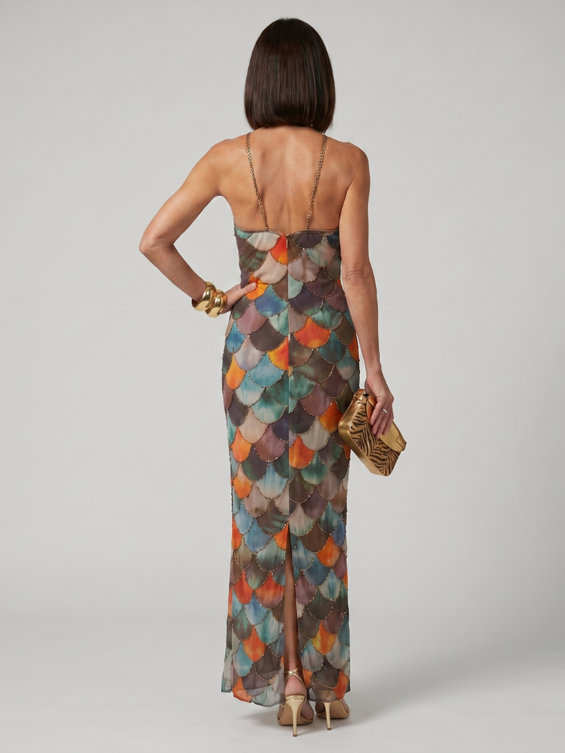 Women's Evening Maxi Dress with Fitted Cut and Eye-Catching Print