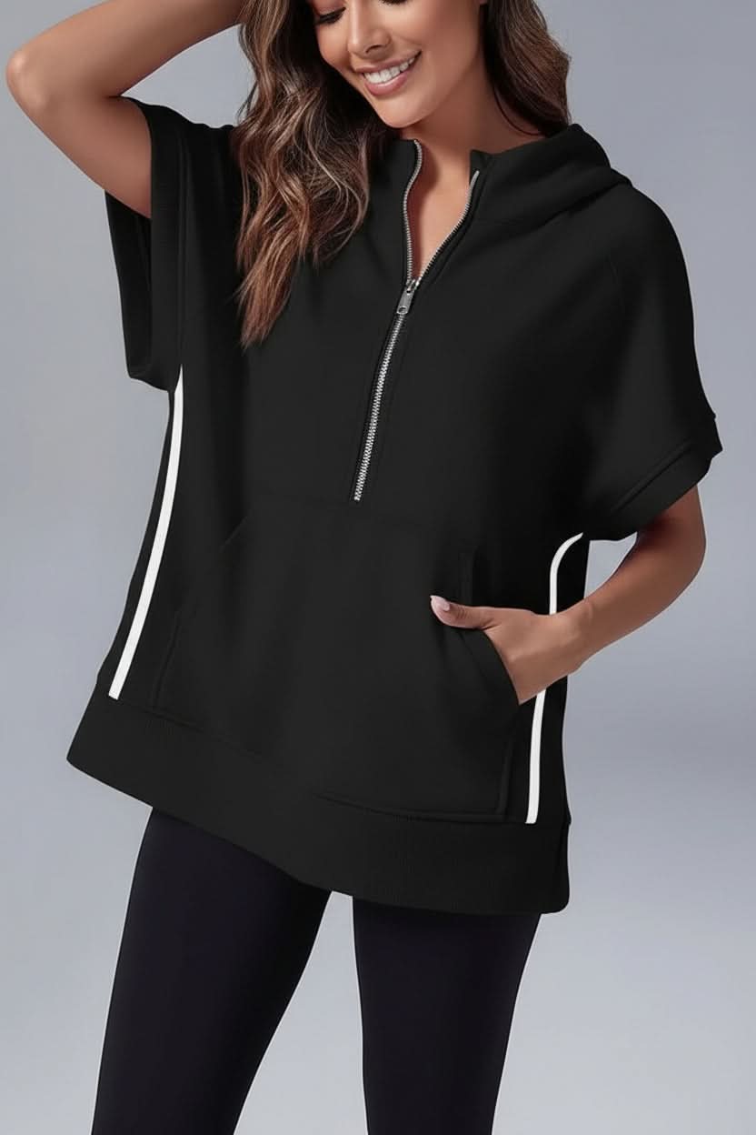 Women's Half Zip Short Sleeve Hoodie with Pockets - Black