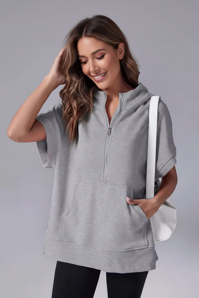 Women's Half Zip Short Sleeve Hoodie with Pockets - Gray