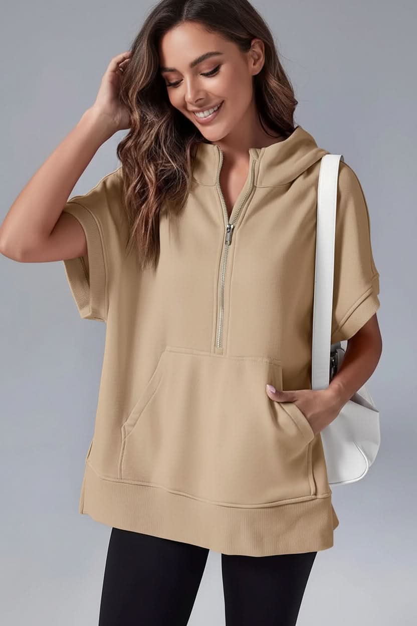 Women's Half Zip Short Sleeve Hoodie with Pockets - Khaki