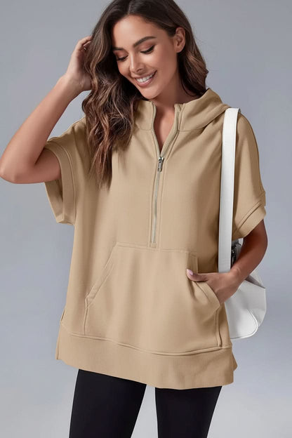 Women's Half Zip Short Sleeve Hoodie with Pockets - Khaki