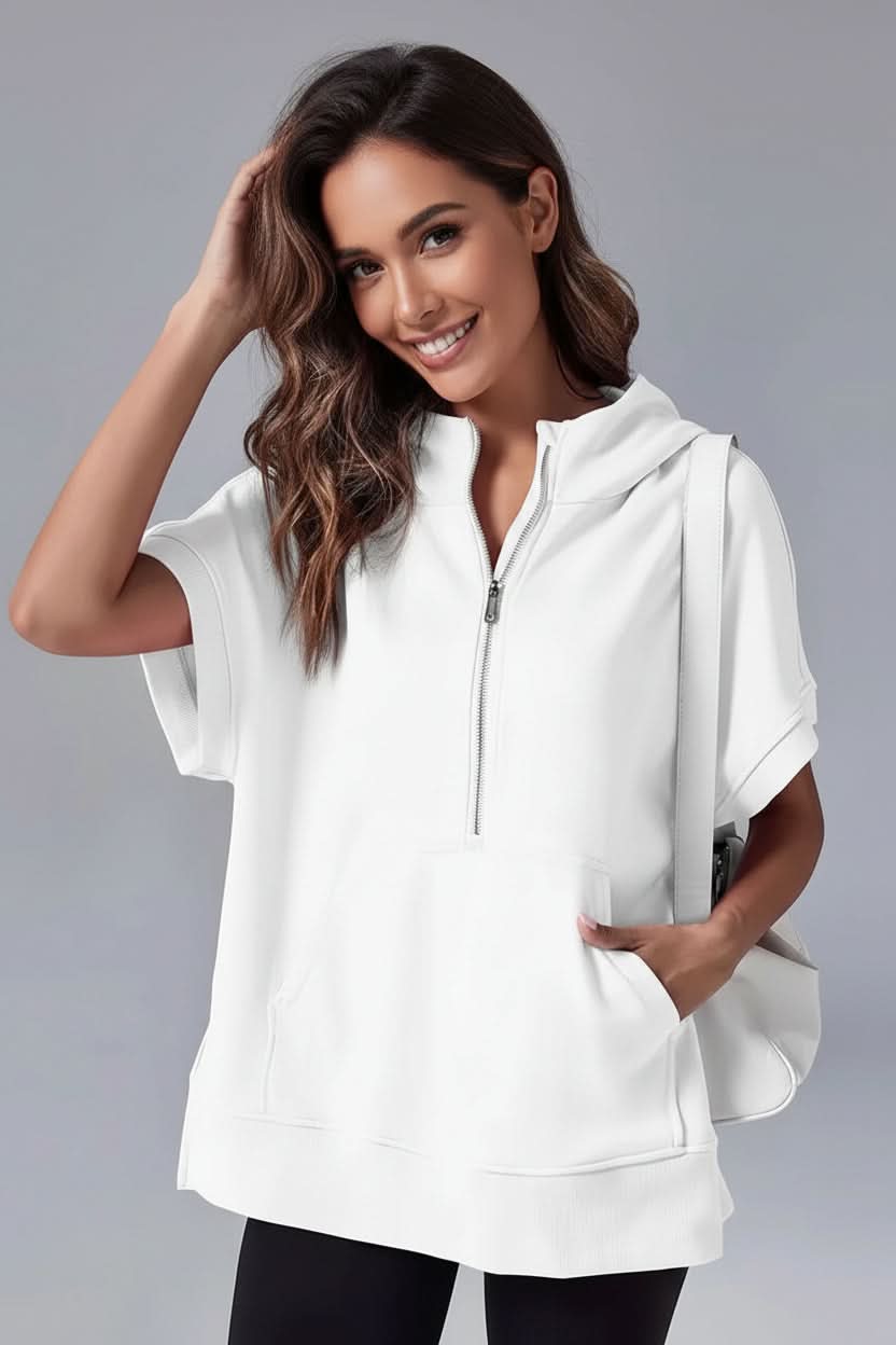 Women's Half Zip Short Sleeve Hoodie with Pockets - White