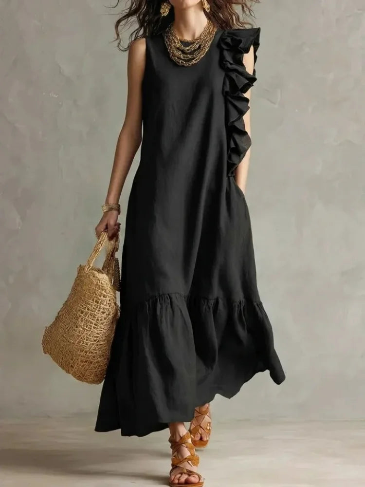 Women's Summer Maxi Sundress with Relaxed Fit and Ruffle Hem - Black