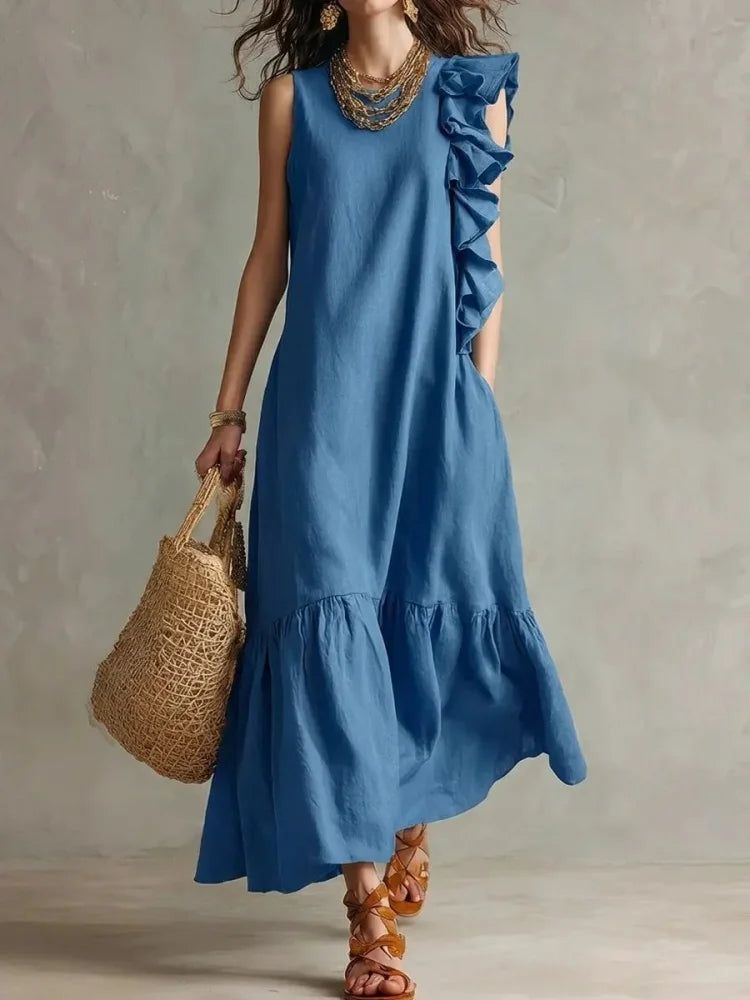 Women's Summer Maxi Sundress with Relaxed Fit and Ruffle Hem - Blue