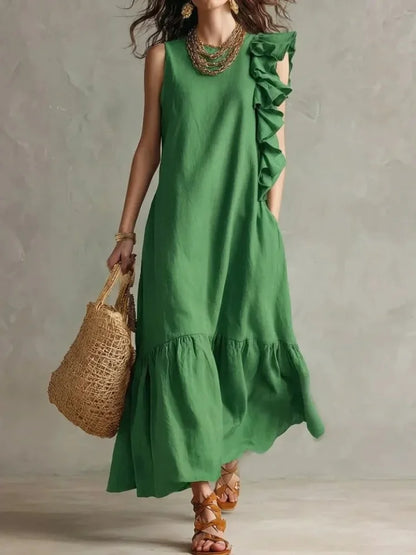 Women's Summer Maxi Sundress with Relaxed Fit and Ruffle Hem - Green