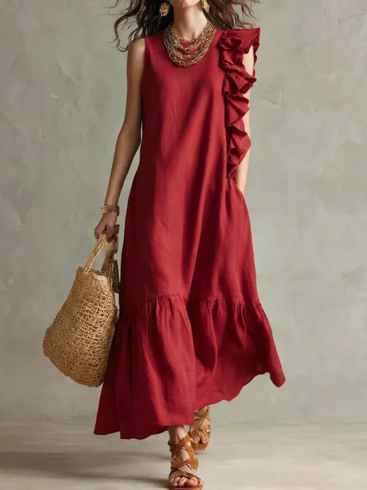 Women's Summer Maxi Sundress with Relaxed Fit and Ruffle Hem - Red
