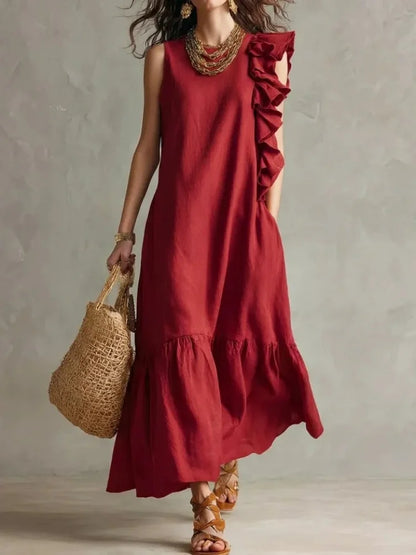 Women's Summer Maxi Sundress with Relaxed Fit and Ruffle Hem - Red